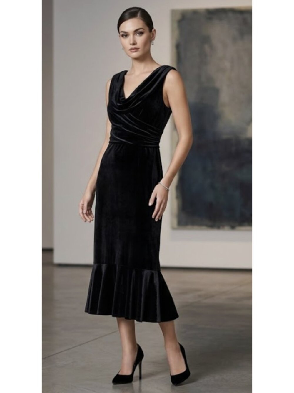Stop Staring Black Velvet Cowl-Neck Ruffle-Hem Midi Dress